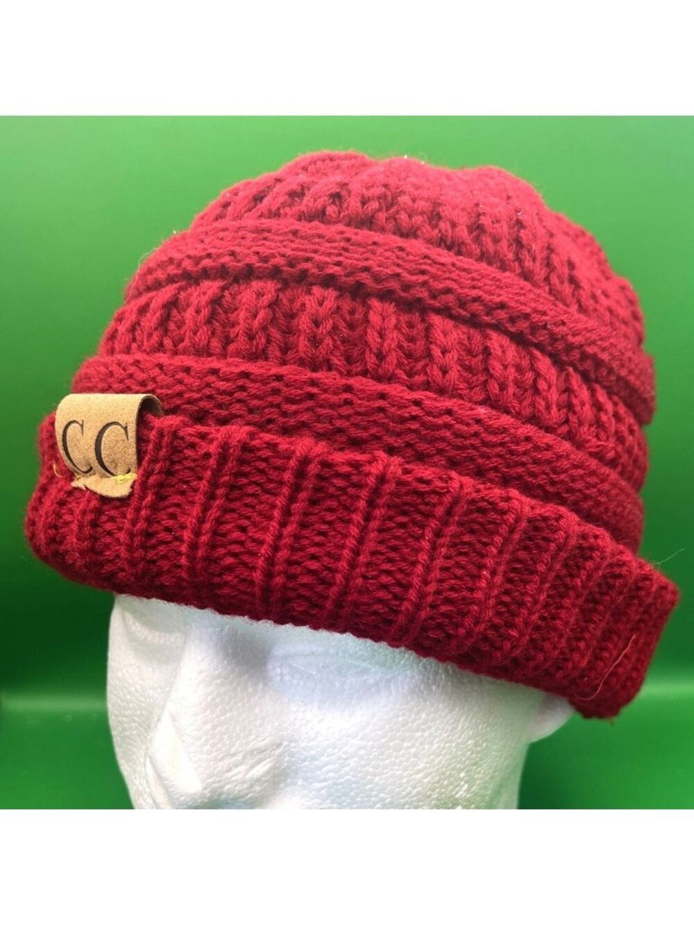 C.C Beanie Red Knit Slouchy Winter Warm Hat Women’s One Size Faux Leather Logo